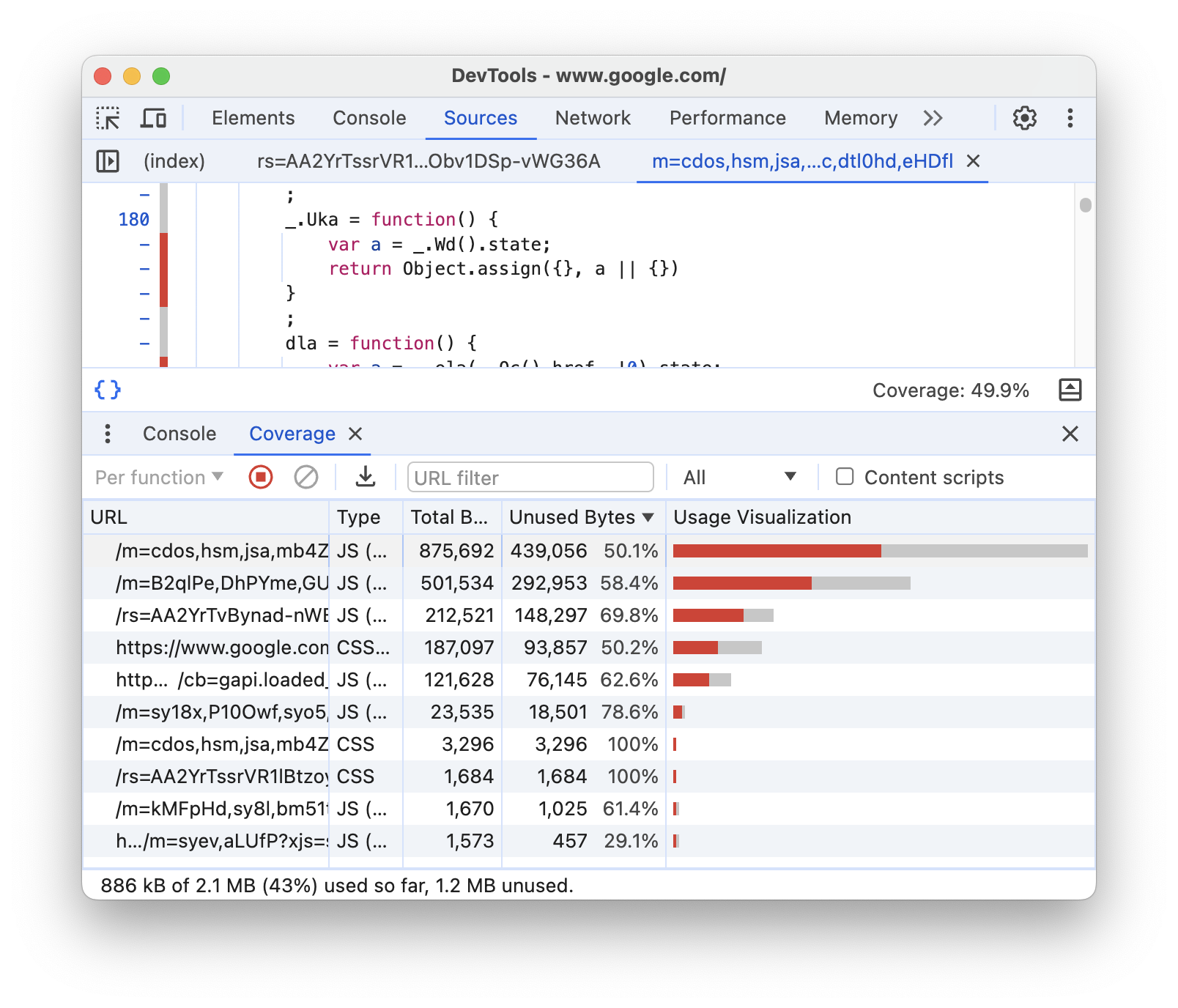 Coverage panel showing used and unused code